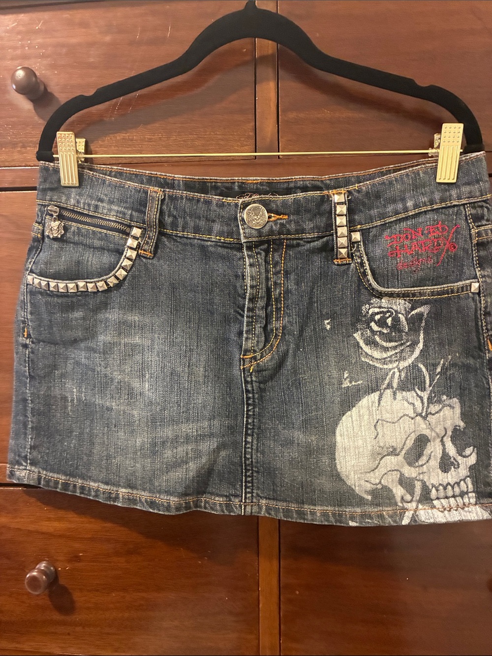 Ed Hardy Denim Mini Skirt with Skull & Rose Graphic